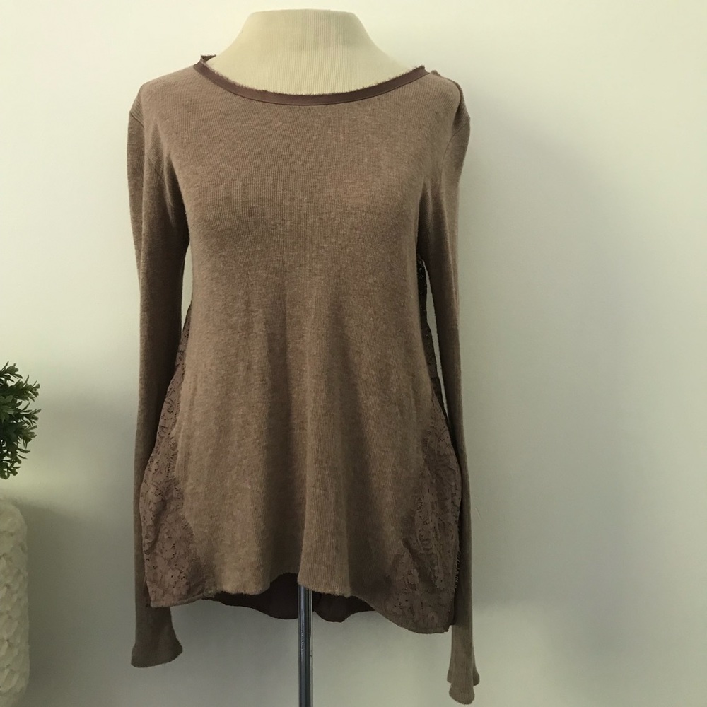 Anthropologie Bordeaux knit lace trim blouse